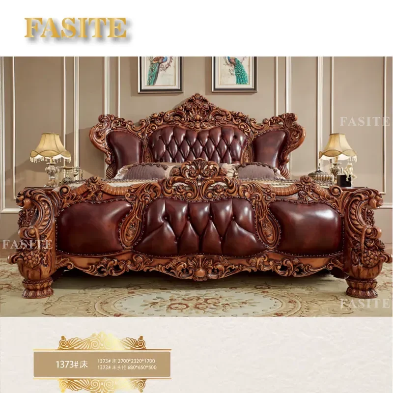 For European Style Bedroom Furniture Classic Antique Red Carved Solid Wood Full Leather Bed Set