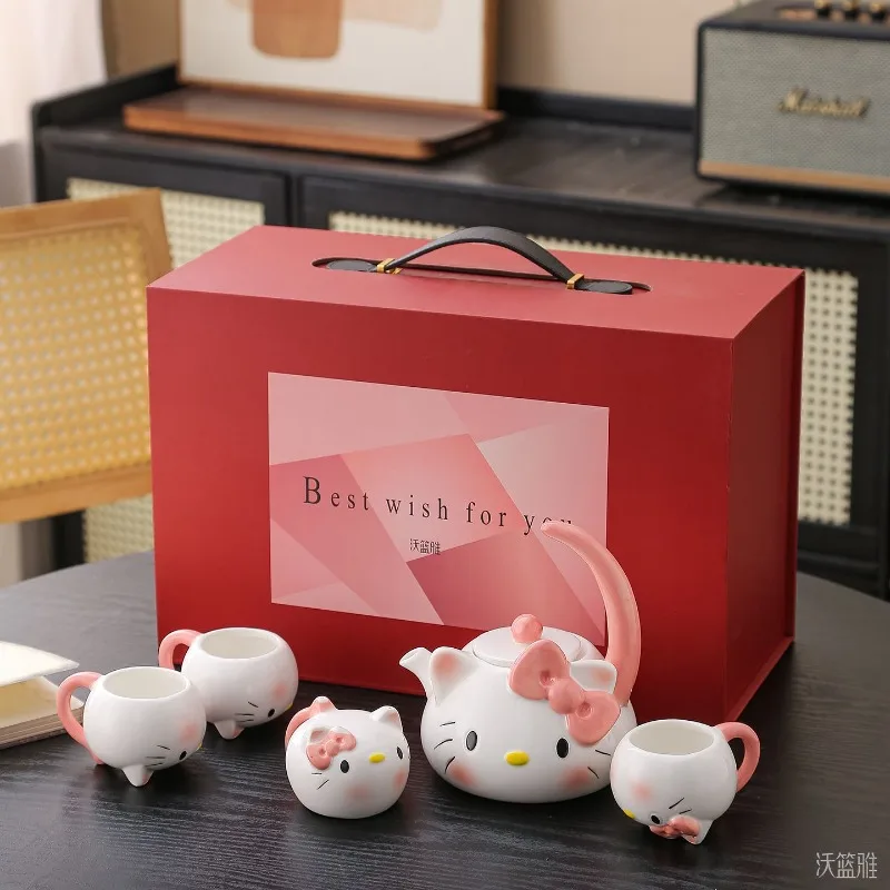 

Kawaii Hello Kitty Sanrio Students Cute Cartoon Ceramic Kettle Household Water Cup Coffee Pot Teapot Moving House Gift for Kids