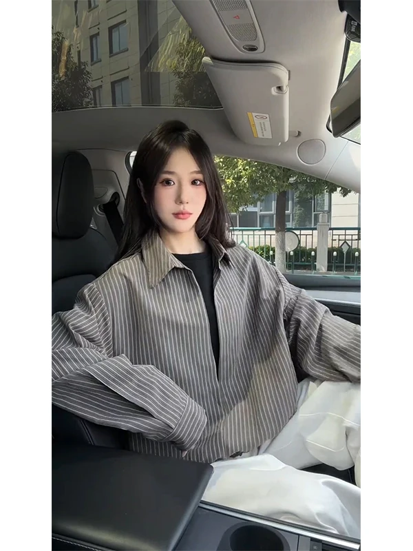 Casual Striped Shirt Jacket Fake Two-Piece Men's Women's High-End Feeling Handsome Grey Long Sleeve Casual Fashion Top