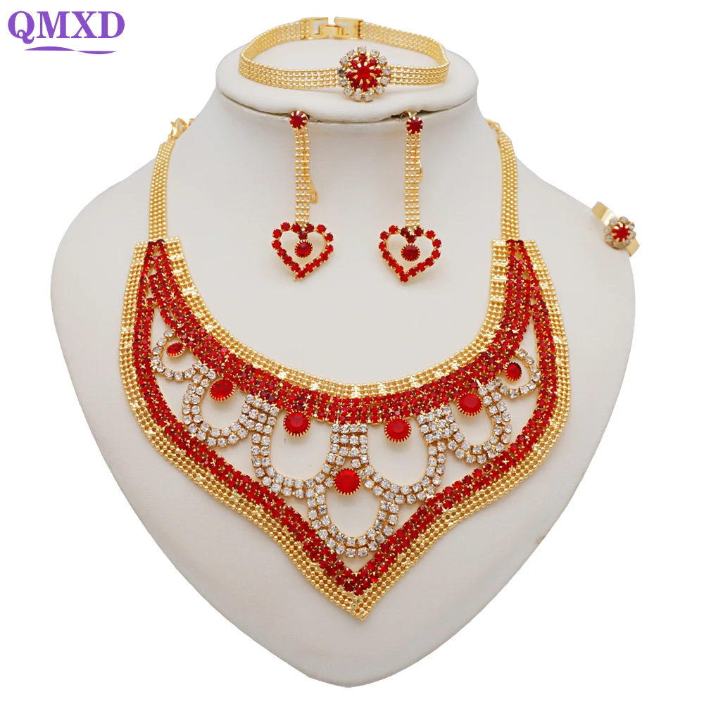 

African Red Crystal Jewelry Set Rhinestone Necklace Earrings Set For Women Bridal Elegant Wedding Party Gift