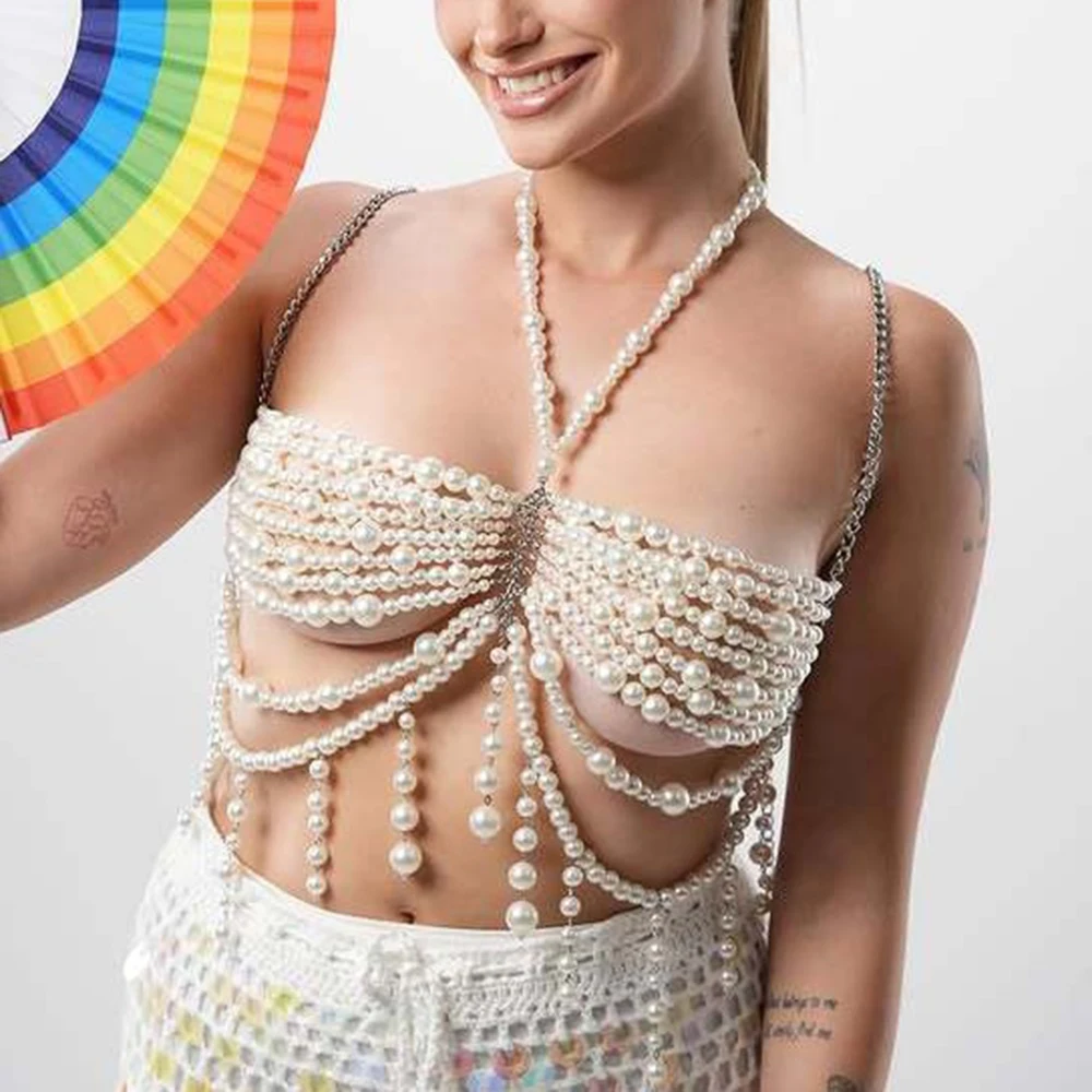 New Faux Pearl Beaded Tassel Chest Body Jewelry For Women Sexy Ladies Crop Top Fashionable Outerwear Bra Party Wear
