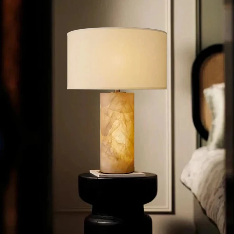

Spanish Cylindrical Marble Base LED Table Lamps Rotundity White Fabric Lampshade Living Room Bedroom Restaurant Study Desk Light