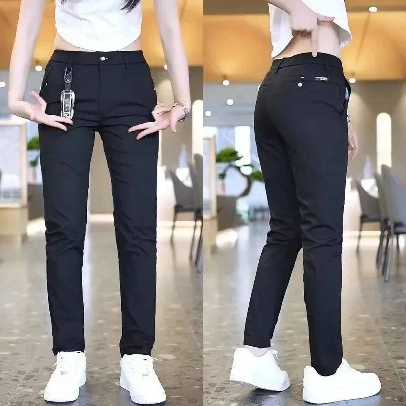 Pantaloni Casual da uomo in seta di ghiaccio pantaloni sportivi semplici kaki neri Slim pantaloni Casual elasticizzati dritti abbigliamento maschile
