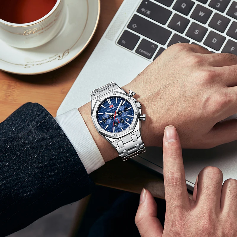 MINI FOCUS 0609 แฟชั่นนาฬิกาควอตซ์สําหรับชาย Multi-Function Luminous ปฏิทิน Chronograph กันน้ํา Casual นาฬิกาข้อมือผู้ชาย