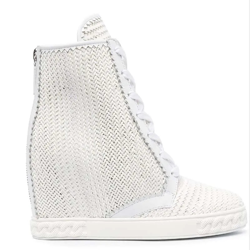 Woman White Brown Leather Cane Cross Braided Hidden Wedge Ankle Boots Rubber Sole Boots Zipper Lace Up High Top Sneaker