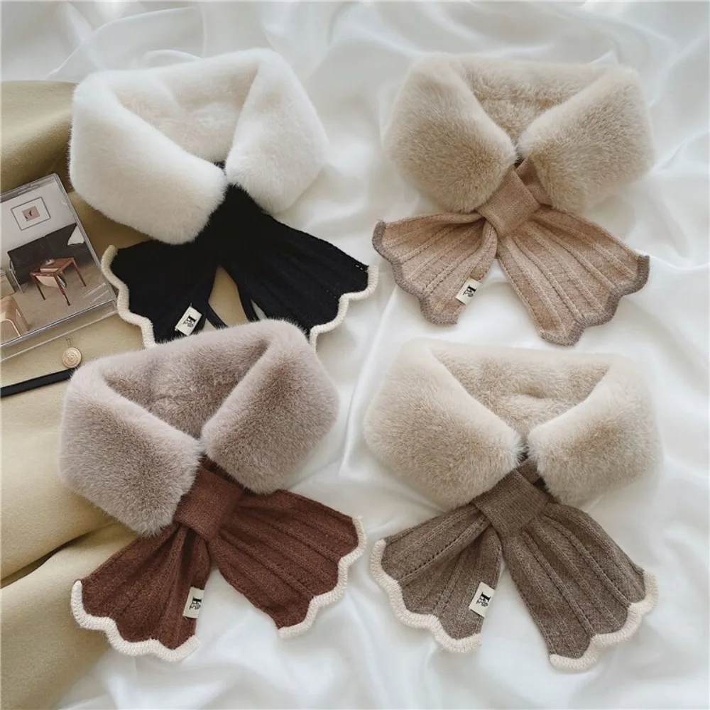 Winter Plush Scarf Woman Thick Fish Tail Wool Knit Cross Fur Collar Outdoor Cycling Neck Protect Cervical Spine Warm Scarve