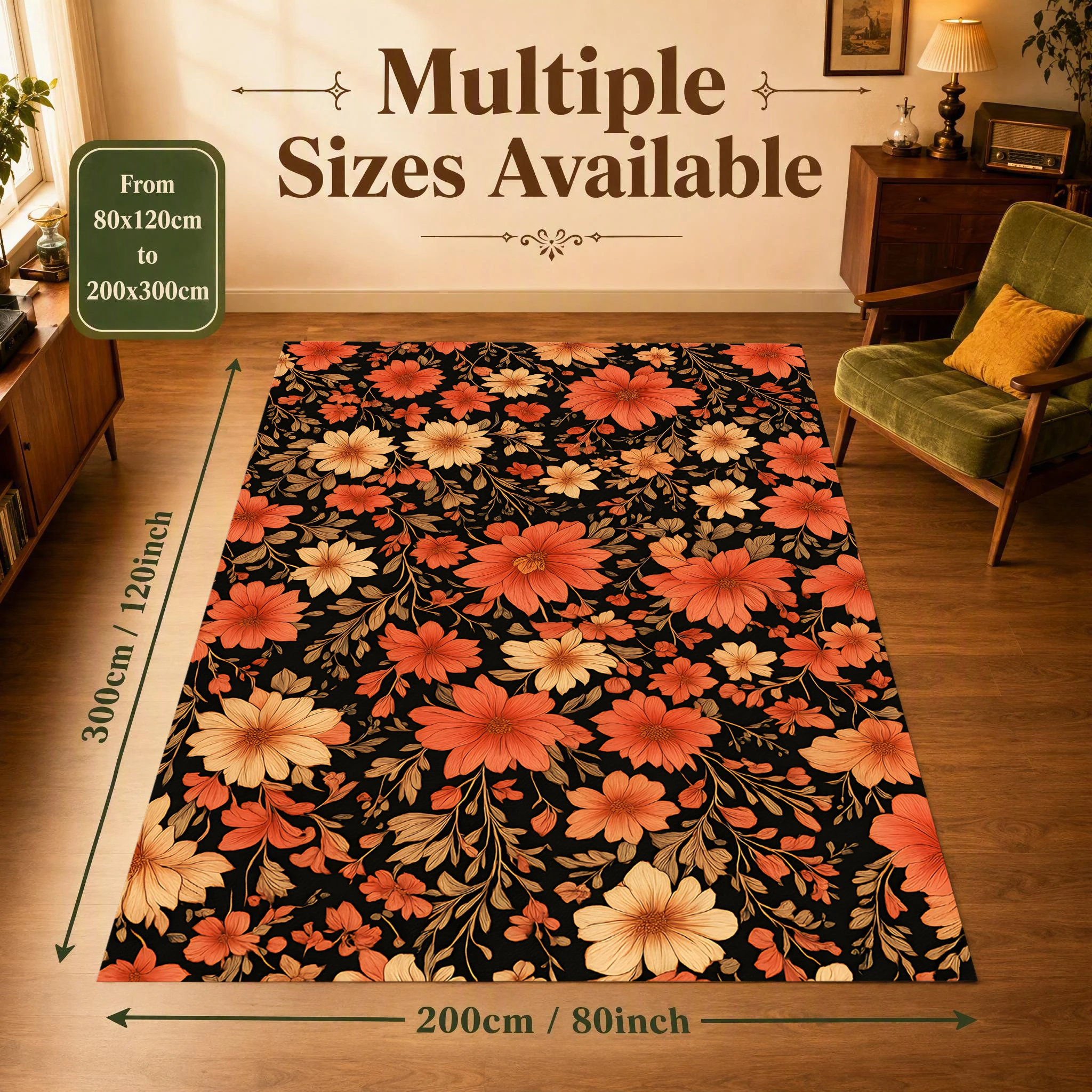 Velvet Rug All over Warm Orange Chrysanthemum Retro Pastoral for Living Room Bedroom Home Decor