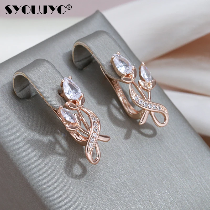 SYOUJYO Rose Flower Natural Zircon Drop Earrings For Women 585 Rose Gold Color Bride Wedding Fine Jewelry Luxury Earring Gifts