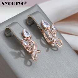 SYOUJYO Rose Flower Natural Zircon Drop Earrings For Women 585 Rose Gold Color Bride Wedding Fine Jewelry Luxury Earring Gifts