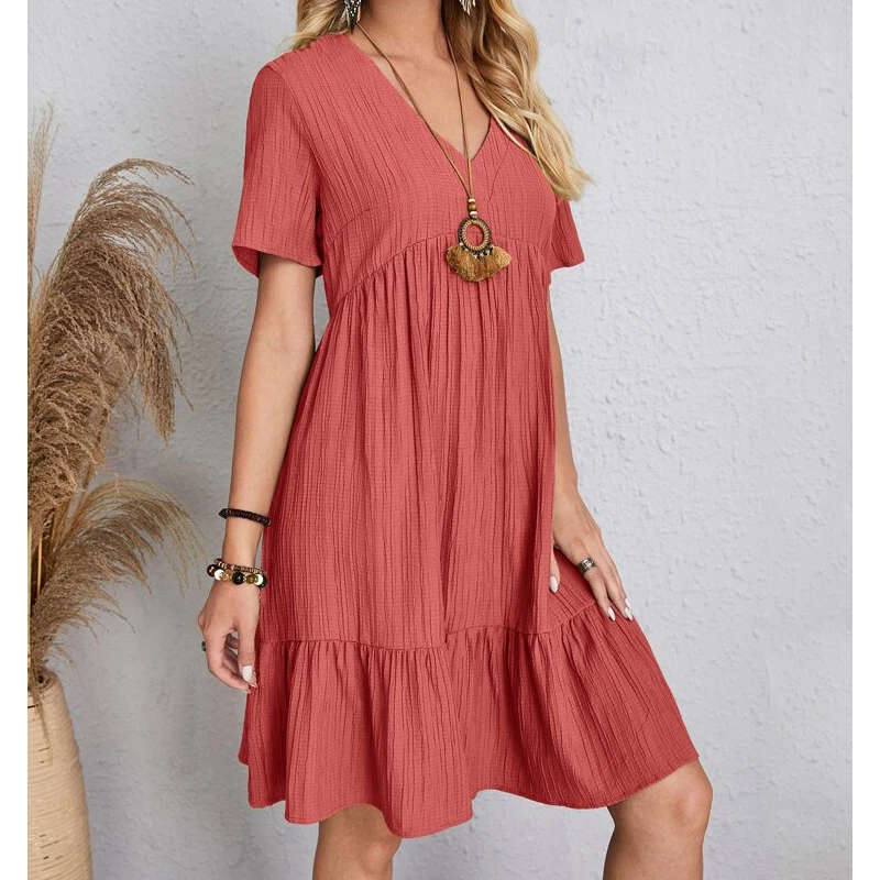 

Summer Women Fashion Casual V-Neck Solid Long Dresses Vintage High Waist A-Line Simple Elegant Lantern Sleeve Party Dress