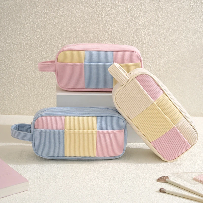 Women Corduroy Zipper Double-layer Storage Bag Large Capacity Soft Handheld Toilet Bag Portable Makeup Bag Women