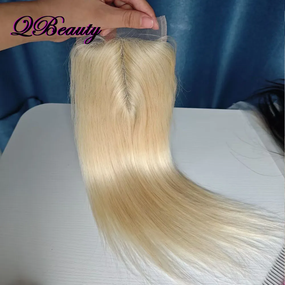 # 613ブロンドTレースクロージャーレミー人毛ディープミドルパート透明レースナチュラルヘアライン12インチシルキーストレートQBeauty