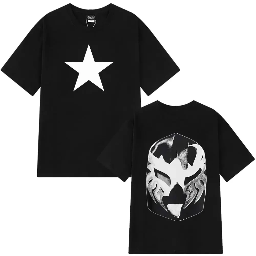 2026Retro Wrestler Mask Graphic Oversized T-Shirt for Kids Adults Star Print Loose Streetwear Casual Short Sleeve Crew Neck Tops