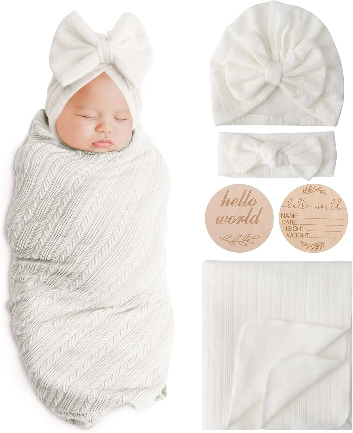 Newborn Receiving Blanket with Bow Hat Headband Wooden Card Set Wheat-Pattern Newborns Toddler Baby Boy Girl Nursery Swaddle Wrap