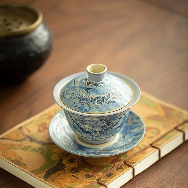 150ML Dunhuang Feitian Blue and White Flint Red Gaiwan Sancai Gaiwan Tea Bowl Jingdezhen Ceramic TeaSet Household KungFu TeaSet
