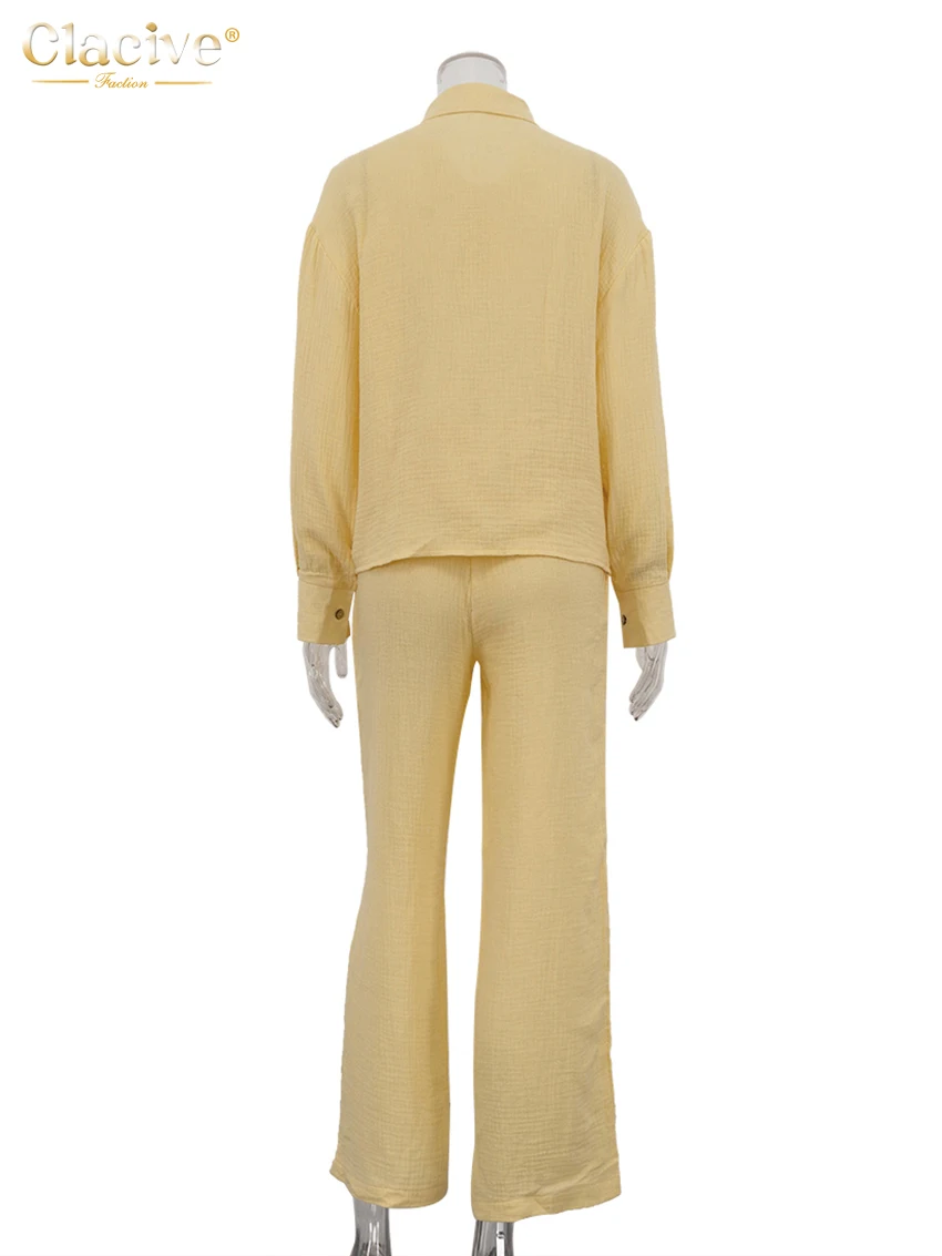 Clacive Fashion Loose Yellow Cotton Trousers Sets For Women 2 Pieces Elegant Long Sleeve Shirt With High Waist Wide Pants Set
