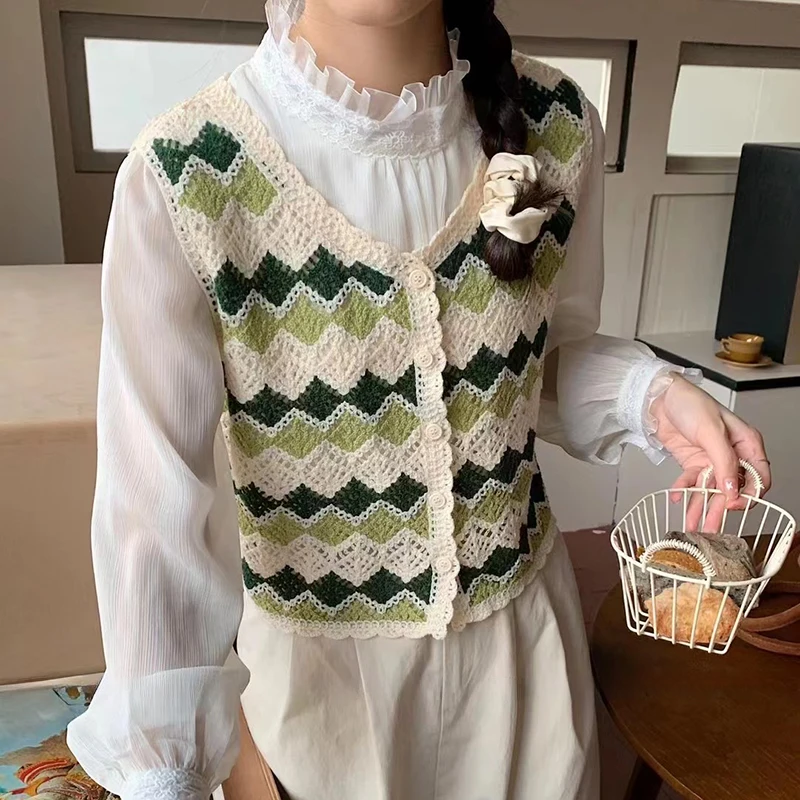 Argyle Crochet Vest 여성 민소매 버튼 다운 오픈 니트 양복 조끼 탑 Boho Teen-girl 봄 여름 해변 복장