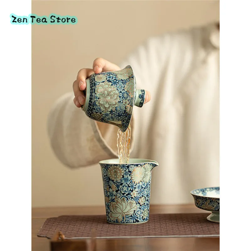 Ru Kiln Flower Three Cover Bowl Ceramic Home High Foot Chinese Retro Dry Bubble Table Tea Bowl Kung Fu Tea Set