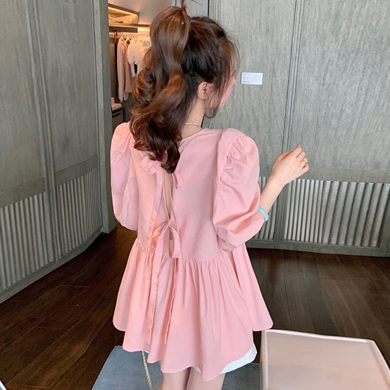 2024 Summer Maternity Pink Shirts Puff Sleeve O-neck Bowknot Hollow Out Backside Pregnant Woman Blouses Sweet Pregnancy Top Tees