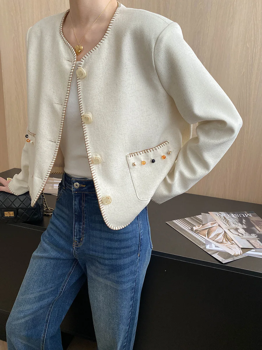 

2025 Spring And Autumn New Women's Jacket With Openwork Hemming Pockets Beaded Design Round Neck Short Jacket Top