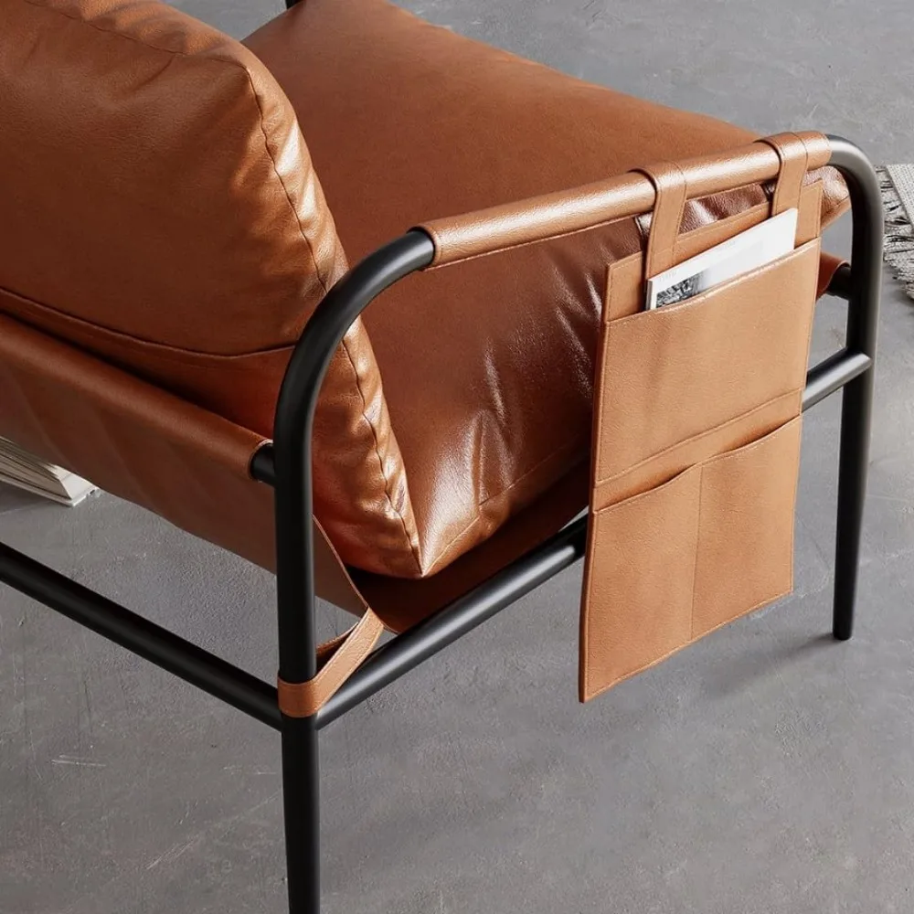 كرسي جلدي لغرفة المعيشة بإطار معدني وأذرع مبطنة وجيوب جانبية وحشو قطن حبيبي - Op باللونين الأسود والبني #5