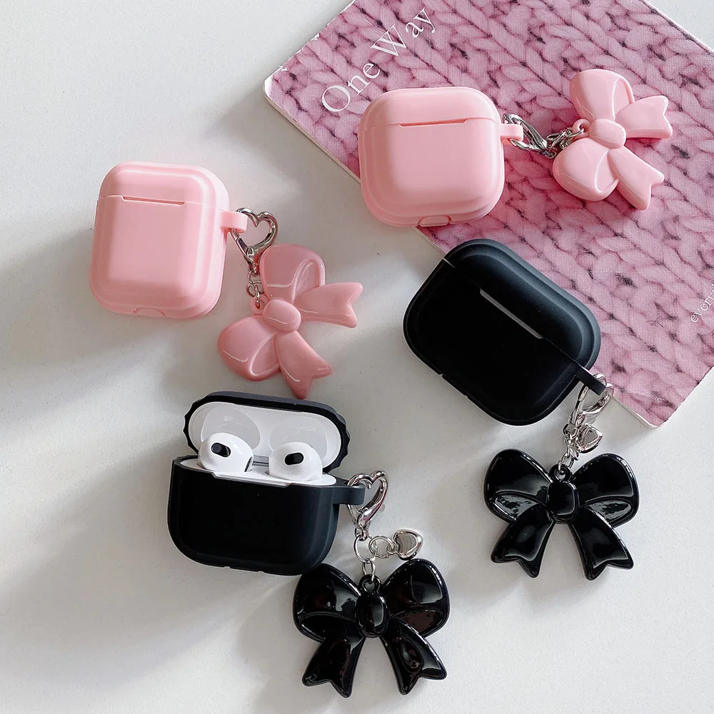 

Simple Black Pink Silicone Case Bowknot Pendant For Airpods 4 2024 Pro 2 1 3 Wireless Bluetooth Earphone Protective Soft Cover
