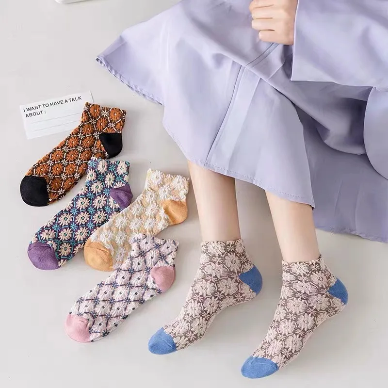 5Pairs Japan Korea Women Vintage Ethnic Flowers Socks Cotton Harajuku Kawaii Cute Skarpetkie Damski Floral Girls Dress Ankle Sox