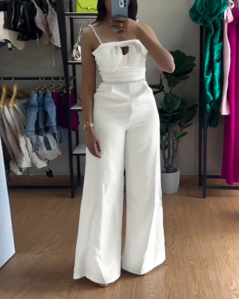 Bandeau beaded pearl shoulder strap bow design with hollowed out neckline, pleated hem, slim fit jumpsuit, elegant style women's