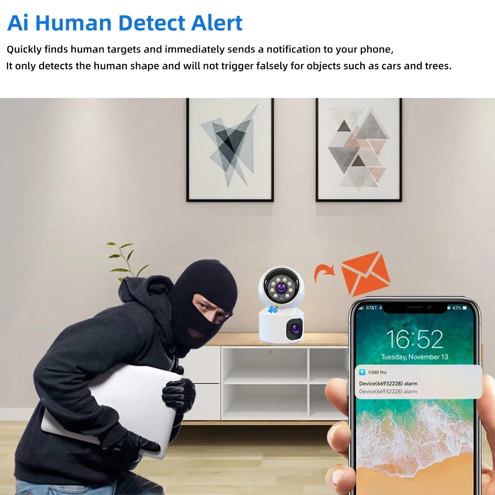 4K Dual Lens Home Security Camera 4G Night Vision Human Detection Auto Tracking 2-Way Talk Motion CCTV V380 PRO