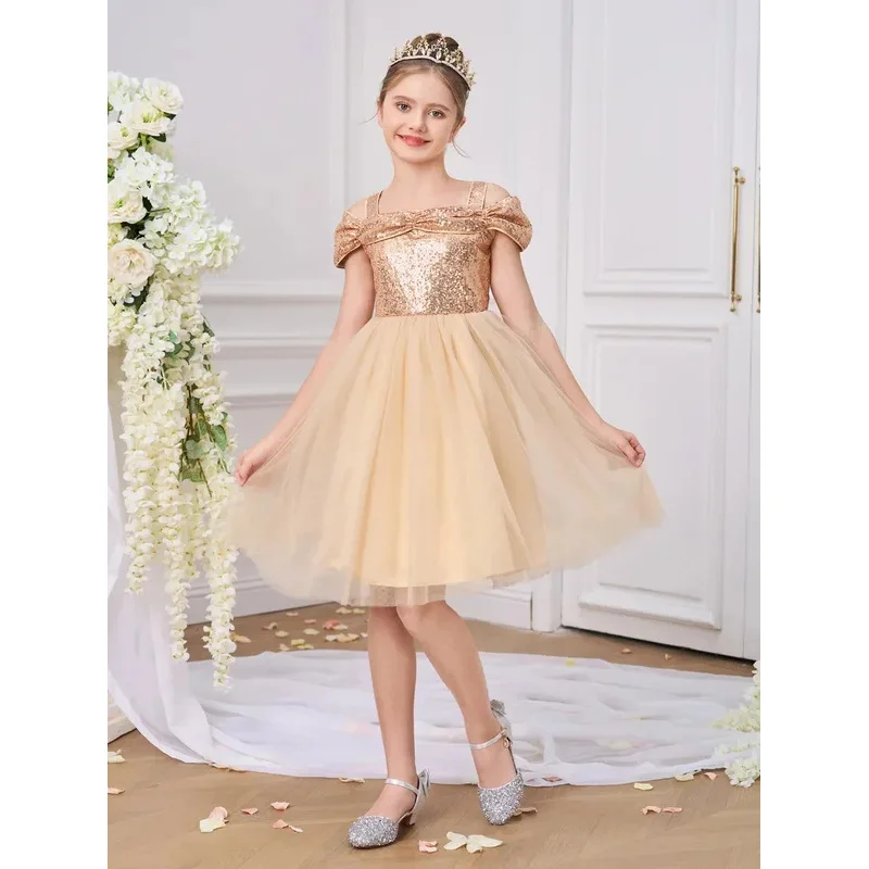 

COSda@Off Shoulder Sequin Party Girls Dress Elegant Bridesmaids Evening Gown Teens Wedding Birthday Dresses Bow Princess Kids Cl
