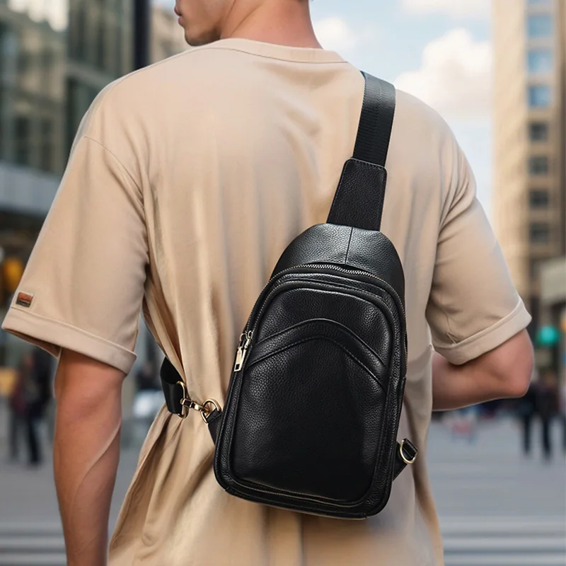 

Black Genuine Cowhide Leather Chest Bag with Adjustable Strap Multiple Zipper Pockets Casual Outdoor Travel Men Shoulder Bags