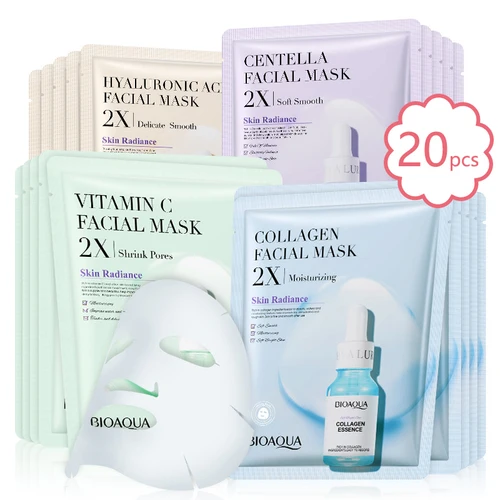 20 piezas BIOAQUA Centella mascarilla Facial de colágeno VC hoja hidratante refrescante máscaras ácido hialurónico mascarilla Facial productos para el cuidado de la piel