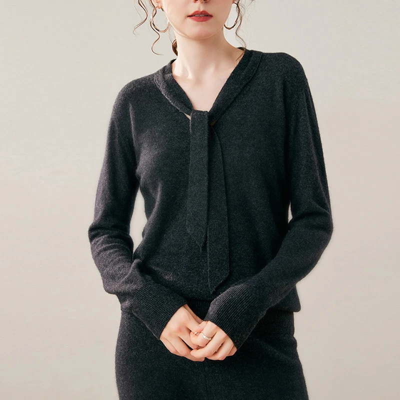 Sweter Kasmir Wanita Musim Gugur Dingin 2025, Kerah V, Tali Ikat, Rajutan Kasmir, Atasan Pullover, Polos, Baju Rajut Wol Wanita