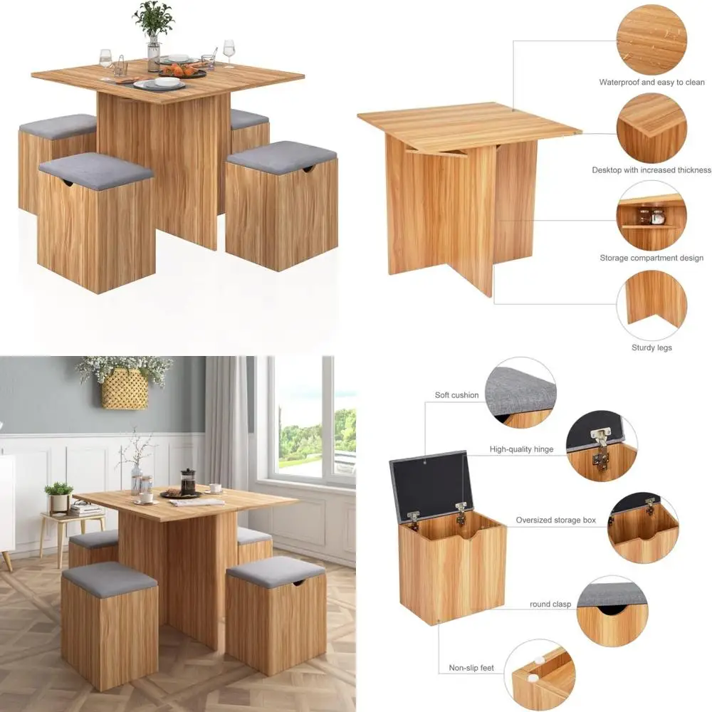 5-Piece Dining Table Set, Small Kitchen Table Set with 4 Stools Compact Space-Saving for Dining Room Kitchen Modern (Red Oak and