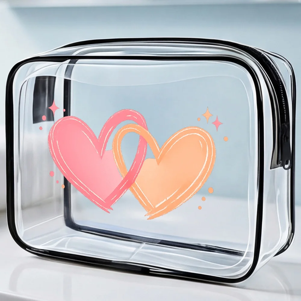 Cute Pastel Heart Couple Clear Zipper Makeup Bag Suitable For Women PVC Cosmetic Travel With /Korean Style Pouch Multicolor Or