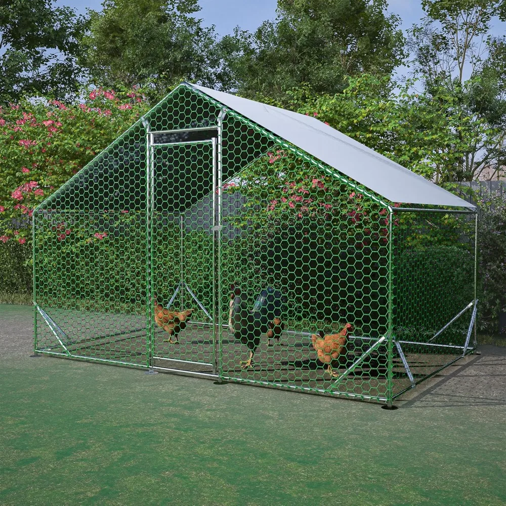 Metal Chicken Coop 10x6.6x6.56ft Walk-in Poultry Cage for 5/10 Chickens Chicken Run Hen Rabbit House with Waterproof Cover