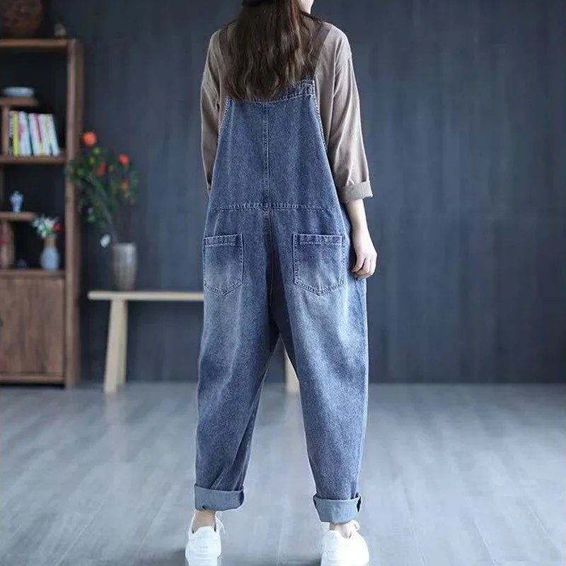 Vintage Casual Streetwear Big Pocket Loose Jeans Harem Pants Overalls Jumpsuit Women's Korean Style  Denim Rompers Trousers ZT24