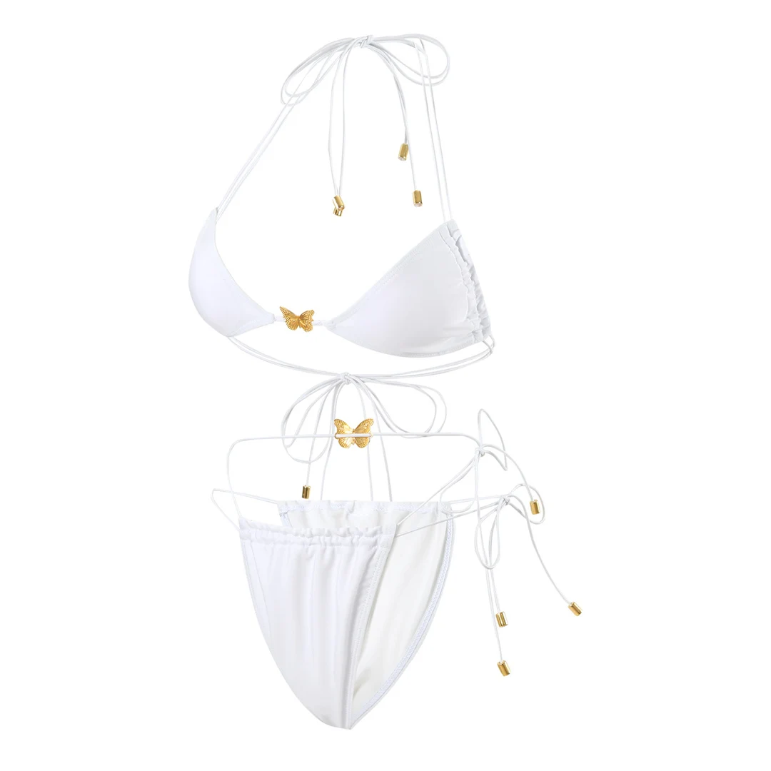 Metall-Schmetterlings-Halterneck-Bikini mit hohem Beinausschnitt, zweiteiliger Damen-Bikini, Badeanzug, Badebekleidung, Badeanzug, Schwimm-Bikini V6460 – Detail 18