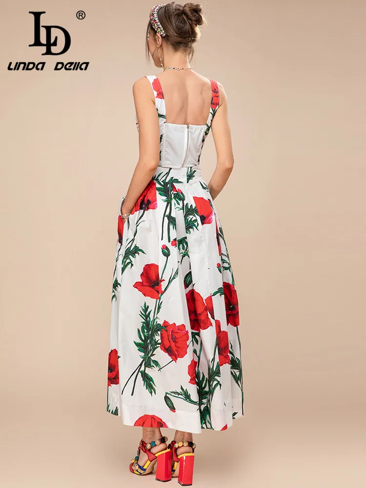 LD LINDA DELLA 2023 New Summer Print Cotton Skirt 2 Pieces Set Women Spaghetti Strap Short Vest＋Floral Holiday Midi Skirts Suit