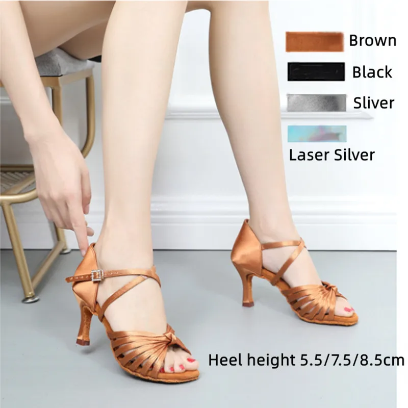 Professional Satin Latin Dance Shoes Women Authentic Female Soft-Soled Dancing Standard Ballroom Tango&Salsa High Heeled Shoes