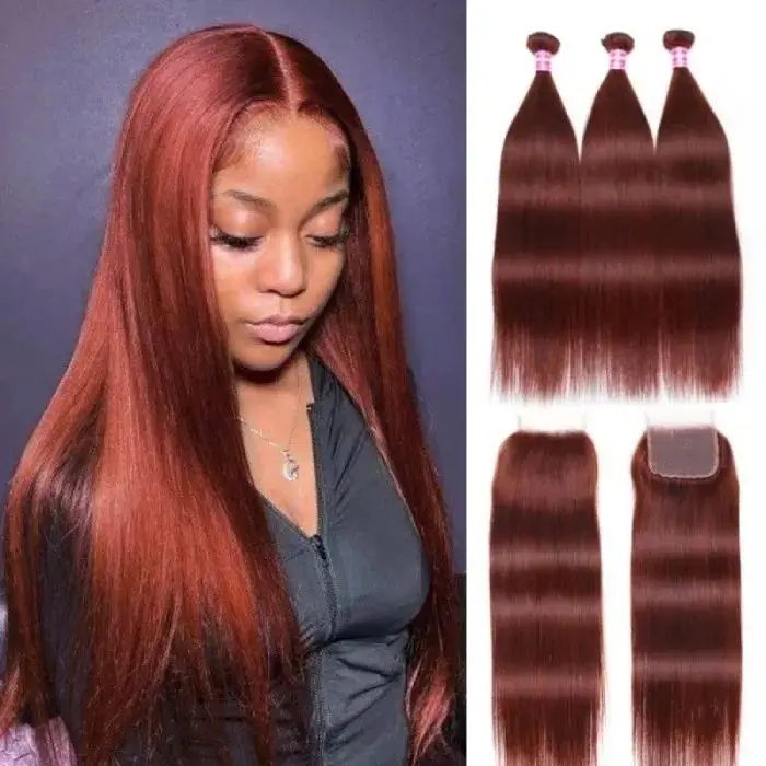 

Reddish Brown Straight Human Hair Bundles With Closure 4x4 Free Part Pre Plucked Colored Brazilian Bundles With Closure