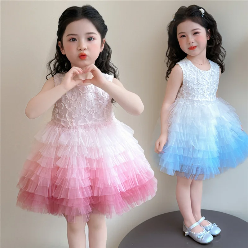 Girls Gradient Color Dress Kids Tulle Princess Dress Sweet Fashion Sleeveless Puffy Dress Children Birthday Party Gown Ball