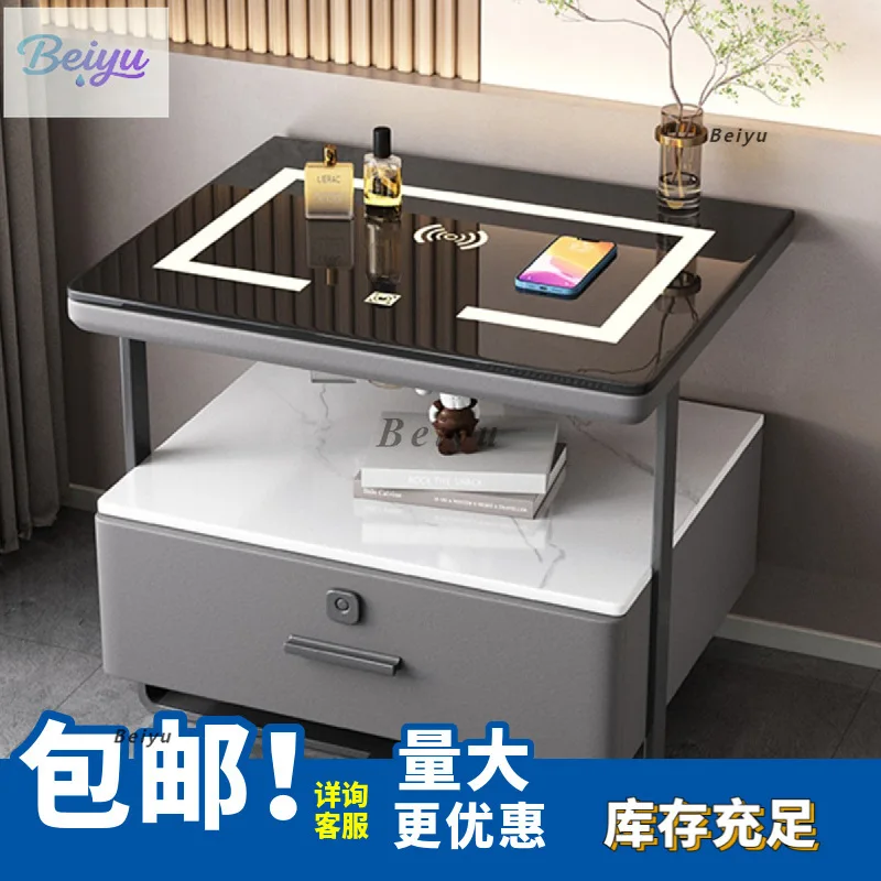 طاولة سرير ذكية صغيرة من الحديد المطاوع وبسيطة للغاية وحديثة وخفيفة وبطاولة صخرية فاخرة من الخشب الصلب وشحن لاسلكي لغرفة النوم #1