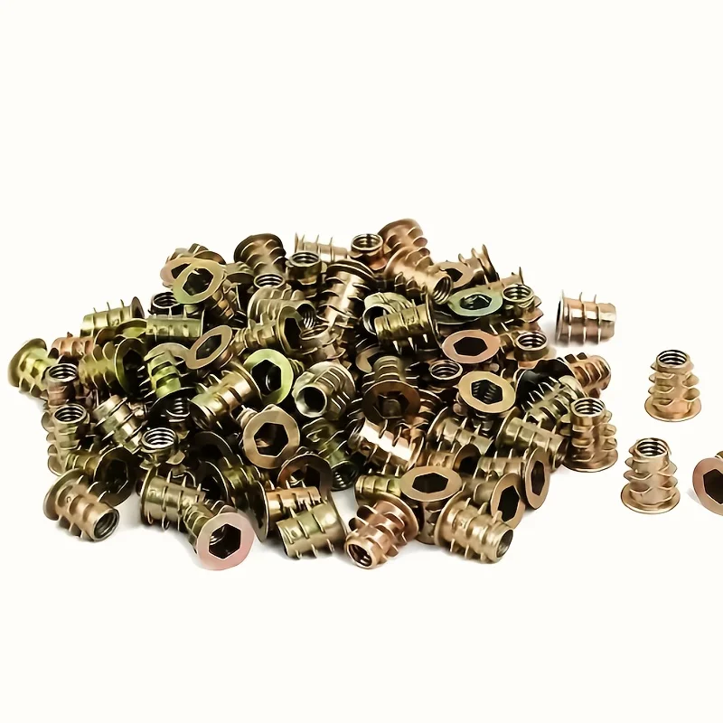 100Pcs Galvanized Alloy Threaded Inserts M6 Nuts, Trapezoidal Nuts, Countersunk Nuts, Hex Drive Internal/External Threaded Inserts, for Wood and Softwood Furniture, Drywall, Cabinets - Durable Rust-Resistant Hardware Fasteners