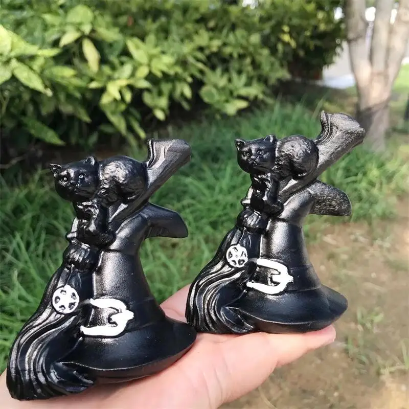 Natural Black Obsidian Halloween Broom Wizard Hat Cat Carving Statue Chakra Reiki Healing Fengshui For Home Decoration Gift 1pcs