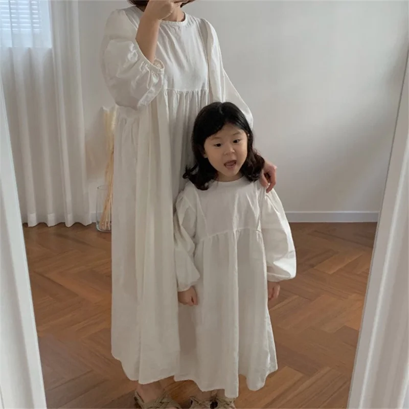 Family Matching Clothes Spring Summer Girl Dress Mother Daughter Long-sleeved Solid Cotton Dress Women Dress Family Look Outwear