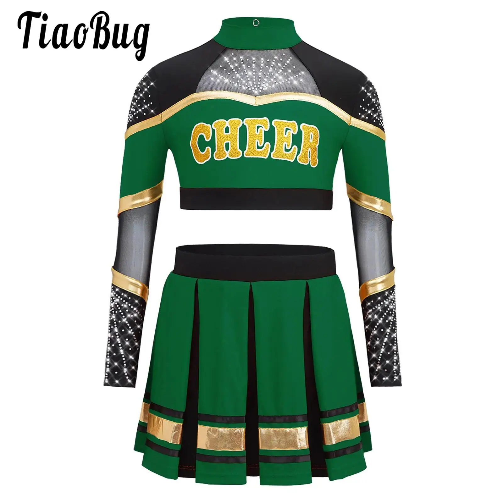 Kids Girls Cheerleader Uniform Performance Outfit Cheerleading Schoolgirls Dance Costume Long Sleeve Crop Top And Skirt Sets