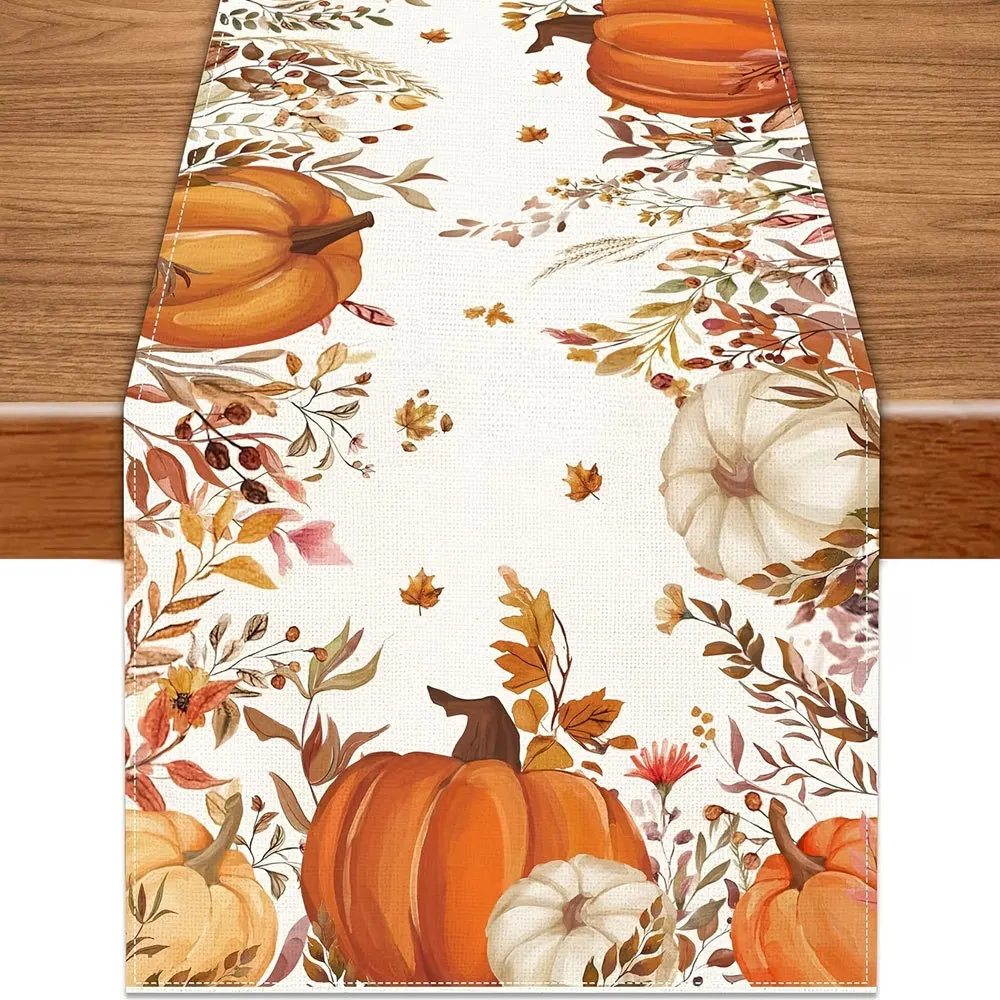 Linen Table Runner Harvest Pumpkins Sunflowers on Off White Autumn Table Decor Thanksgiving Dinner Family Gathering