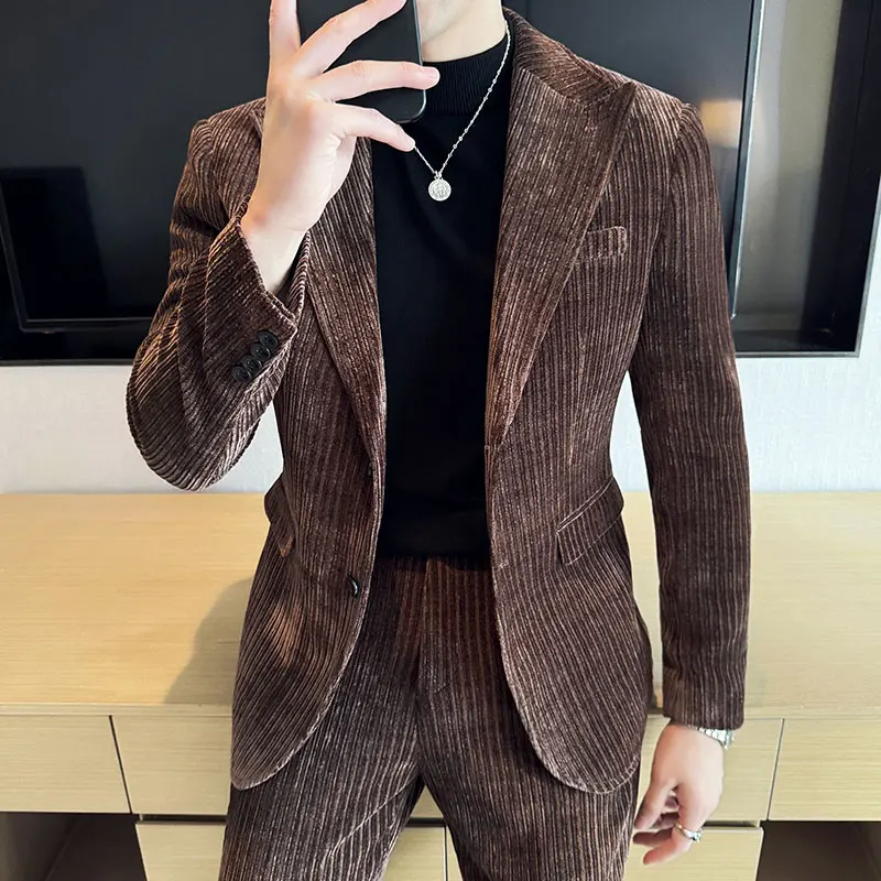 

Autumn/Winter Velvet Suit Set Men Slim Fit Wedding Groom 2 Pieces Suits (jacket + Pant) Business Formal Casual Party Prom Suits