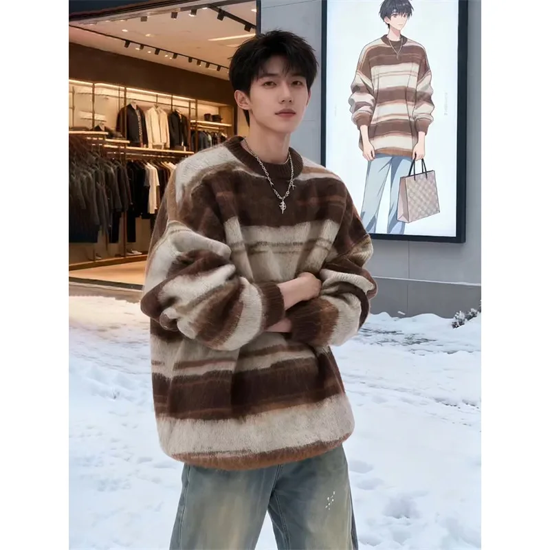 

Осень-зима, мужской вязаный свитер большого размера, повседневный полосатый свободный свитер для пары, круглый топ из полиэфирного волокна Ne Long Sve